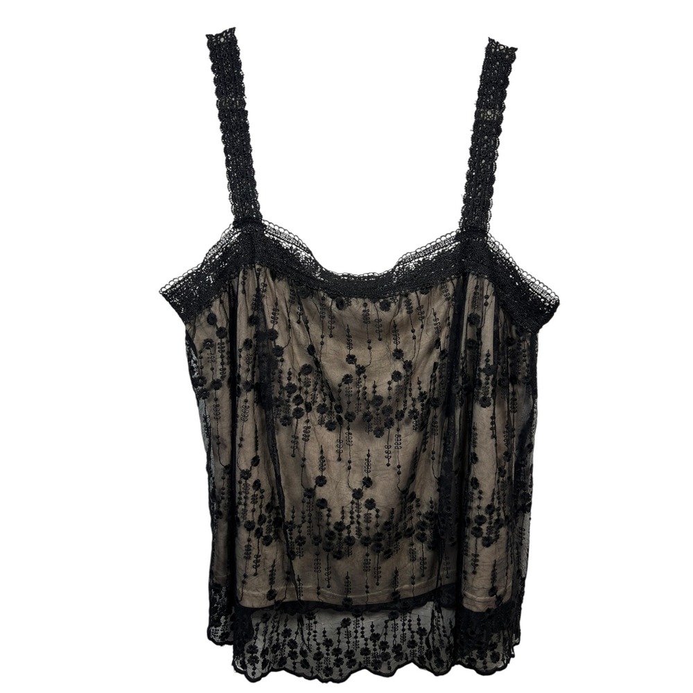 Embroidered Floral Lace Whimsigoth Cami Tank Top Black Sheer Lined Plus 3XL